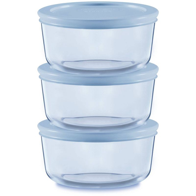 slide 1 of 7, Pyrex® Simply Store® Tinted 6pc Lidded Round Storage Set Blue: Glass Bowls with Lids, Microwave-Safe, 16 Volume Capacity, 6 ct