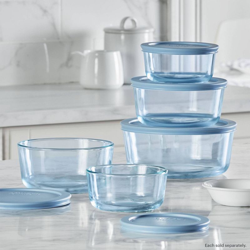 slide 5 of 7, Pyrex® Simply Store® Tinted 6pc Lidded Round Storage Set Blue: Glass Bowls with Lids, Microwave-Safe, 16 Volume Capacity, 6 ct
