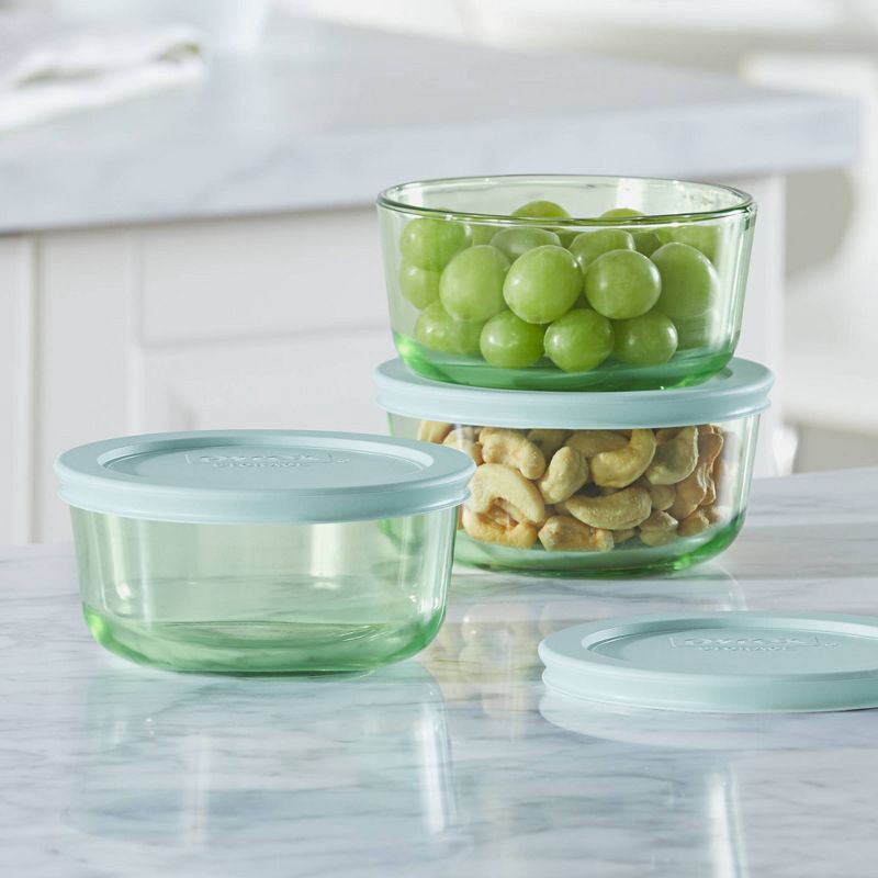 slide 2 of 7, Pyrex® Simply Store® Tint 6pc Lidded Round Storage Set Green: Tinted Glass Bowls with Lids, Microwave-Safe, 16 Cup Capacity, 6 ct