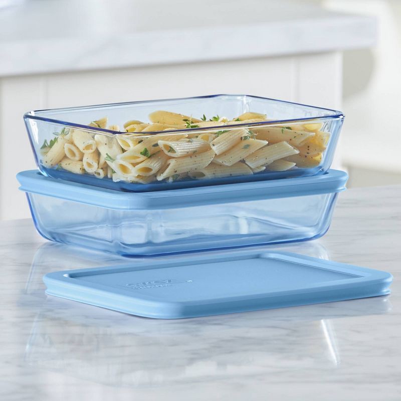 slide 2 of 7, Pyrex® Simply Store® Tint 4pc Lidded Rectangle Storage Set Blue: Glass Baking Dishes, Microwave-Safe, 24 Volume Capacity, 4 ct