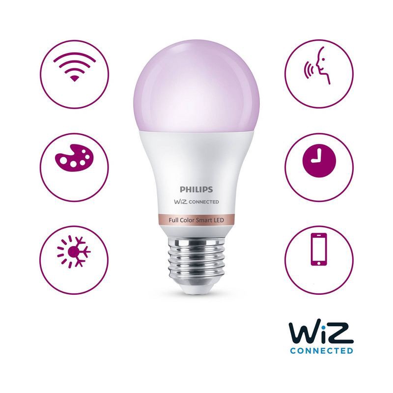 slide 4 of 9, Philips Smart Wi-Fi 60W Multi-Colored LED Light Bulb A19 1P: E26 Base, Voice Control, Dimmable, Compatible with Alexa, Google, Siri, 1 ct