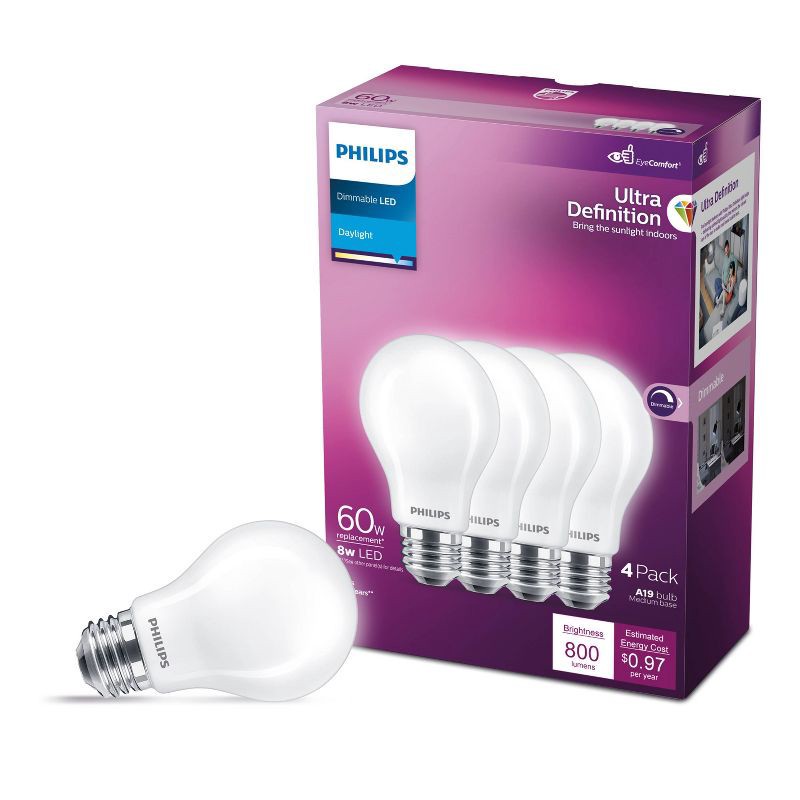 slide 1 of 8, Philips UltraDef LED 60W Frosted Daylight A19 4P: Energy Star Certified Dimmable Light Bulbs, 800 Lumens, 13.7-Year Life, 1 ct