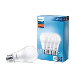 Philips LED 100W Frosted Soft White A19 4P Non-Dim T20: 1500 Lumens, E26 Base, 2700K, 16.6W, Damp Location Suitable