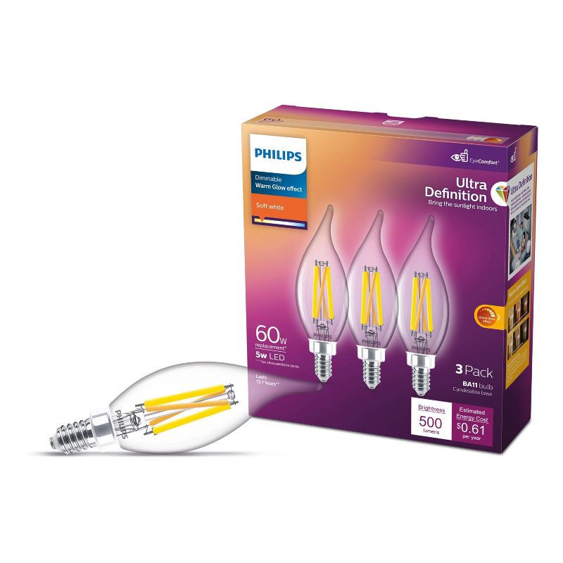 slide 1 of 8, Philips UltraDef LED 60W Clear Soft White BA11 3P Candelabra Base: E12 Dimmable Candelabra Bulbs, 500 Lumens, 2700K, 3-Pack, 1 ct