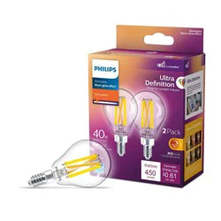 Philips UltraDef LED 40W Clear Soft White A15 2P: Dimmable Energy Star Light Bulbs, 450 Lumens, 13.7-Year Life