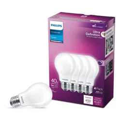 Philips UltraDef LED 40W Frosted Daylight A19 4P: Dimmable 450 Lumens, 5000K, Energy Star Certified, 13.7-Year Life, 4-Pack