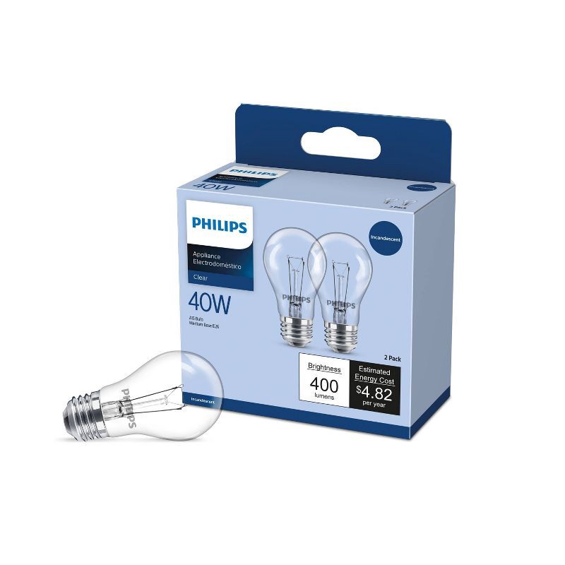 slide 1 of 2, Philips Incandescent 40W Clear A15 Appliance Bulb 2P: Standard E26 Base, 400 Lumens, 2700K, 1.5-Year Life, 2-Pack, 1 ct