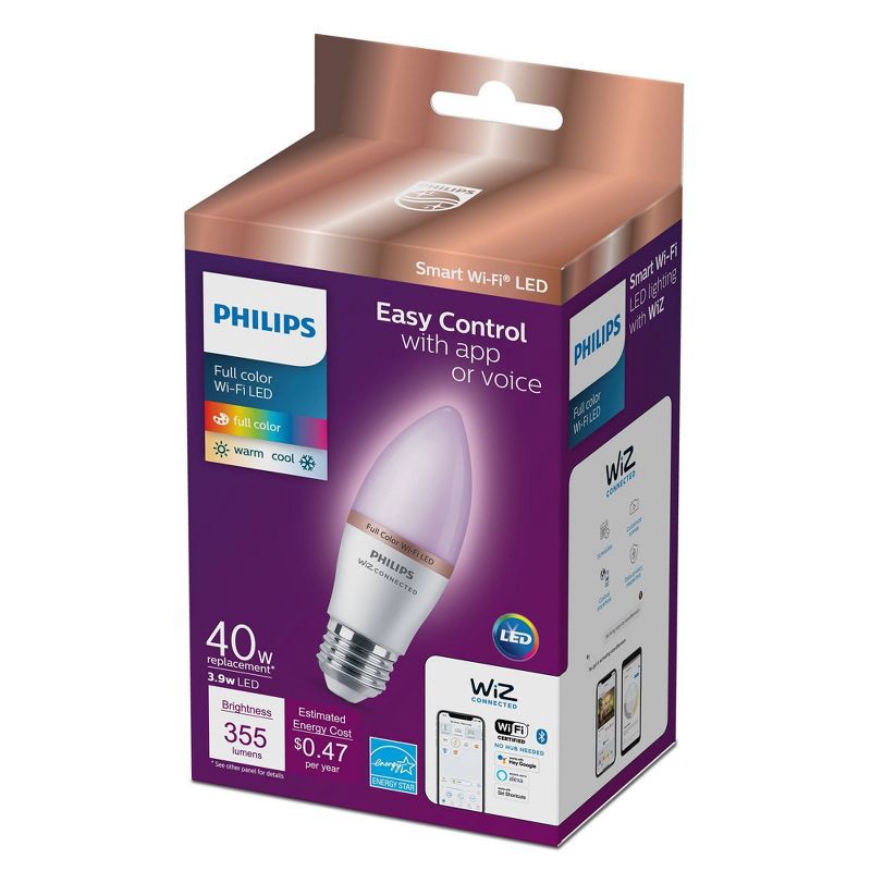 slide 2 of 5, Philips Smart 40W Color Candelabra Base (E12) Candle 1P: LED, Dimmable, E12 Light Bulb, Compatible with Alexa & Google Home, 1 ct