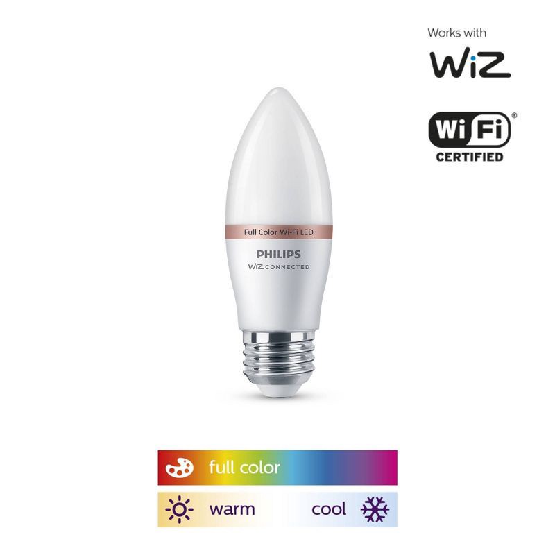 slide 4 of 5, Philips Smart 40W Color Candelabra Base (E12) Candle 1P: LED, Dimmable, E12 Light Bulb, Compatible with Alexa & Google Home, 1 ct