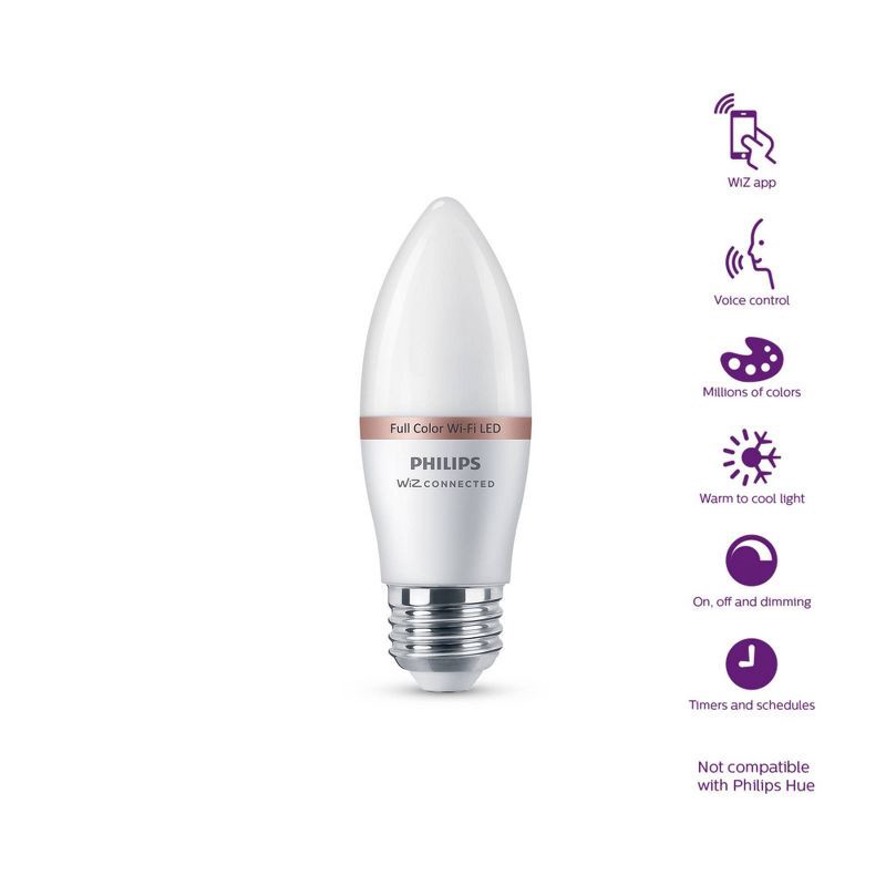 slide 5 of 5, Philips Smart 40W Color Candelabra Base (E12) Candle 1P: LED, Dimmable, E12 Light Bulb, Compatible with Alexa & Google Home, 1 ct