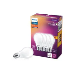 Philips UltraDef LED 40W Frosted Soft White A19 4P: Dimmable, Energy Star Certified, 450 Lumens, 13.7-Year Life
