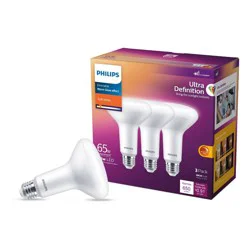 Philips UltraDef LED 65W Soft White BR30 3P: Dimmable Energy Star Certified Light Bulbs, 650 Lumens, E26 Base, 2700K