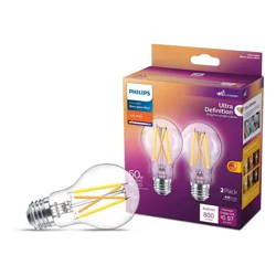 Philips UltraDef LED 60W Clear Soft White A19 2P: Dimmable Energy Star Light Bulbs, 800 Lumens, 13.7-Year Life, E26 Base