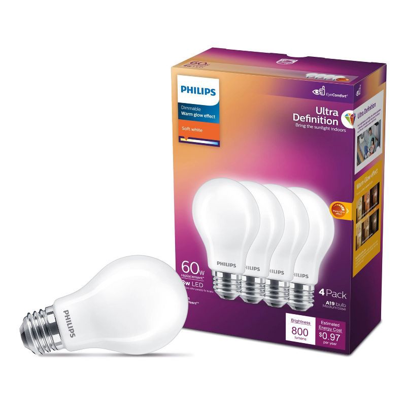 slide 1 of 8, Philips UltraDef LED 60W Frosted Soft White A19 4P: Dimmable, Energy Star Certified, 800 Lumens, 13.7-Year Life, 1 ct