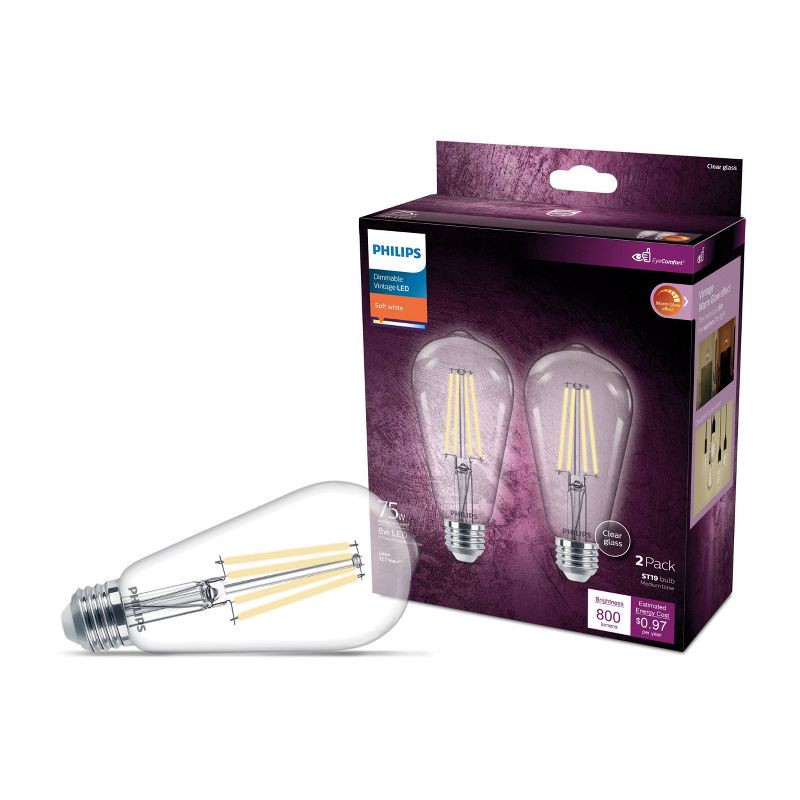 slide 1 of 10, Philips LED 75W Clear Soft White ST19 2P: Dimmable Energy Star Light Bulbs, 800 Lumens, E26 Base, 2700K, 2-Pack, 1 ct