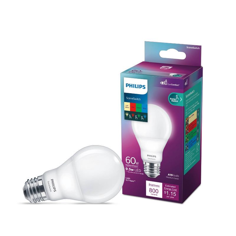 slide 1 of 2, Philips LED RGBW Scene Switch 60W A19 1P: Multicolored, 800 Lumens, E26 Base, 2700K, Suitable for Damp & Enclosed Fixtures, 1 ct