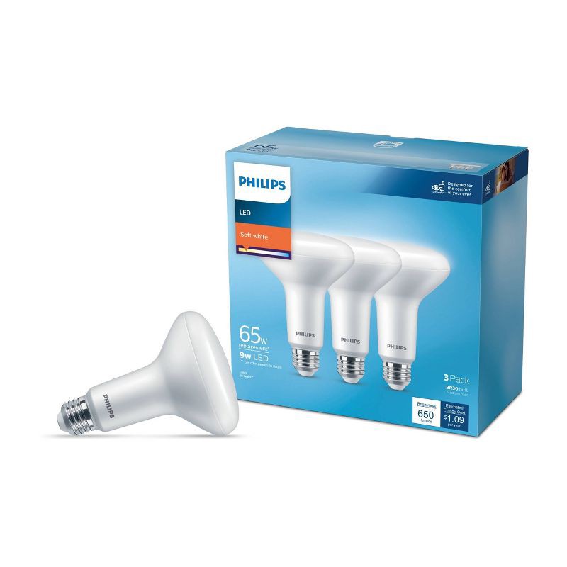 slide 1 of 4, Philips LED 65W Soft White BR30 3P: Indoor Flood Dimmable Light Bulbs, Energy Star Certified, 650 Lumens, 2700K, 3 Pack, 3 ct