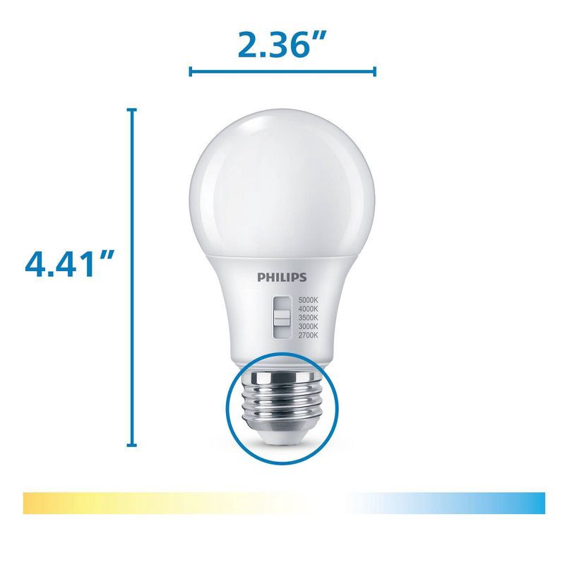 slide 8 of 8, Philips LED Multi-CCT Dip Switch 60W A19 4P: Dimmable 800 Lumens, 13.7-Year Life, E26 Base, 4-Pack, 90 CRI, White, 1 ct