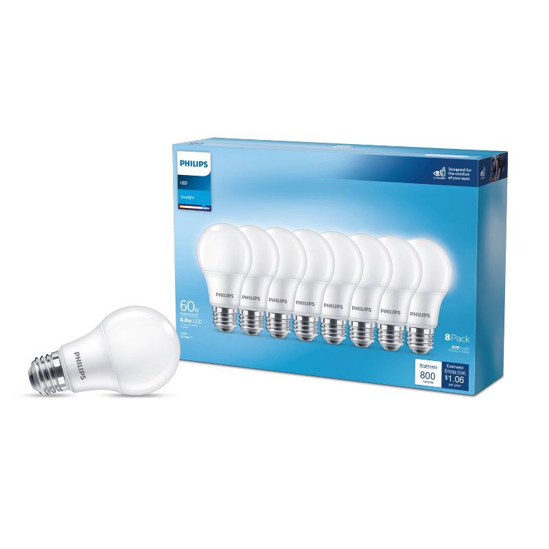 slide 1 of 6, Philips LED 60W Frosted Daylight A19 8P Non-Dim T20: Light Bulbs 8 Pack, 800 Lumens, E26 Base, 5000K, 10-Year Life, 8 ct