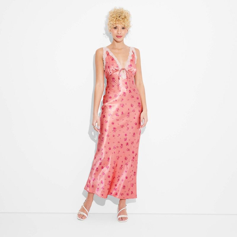 Women's Satin Lace Trim Midi Slip Dress - Wild Fable Salmon Pink Floral S  | Shipt