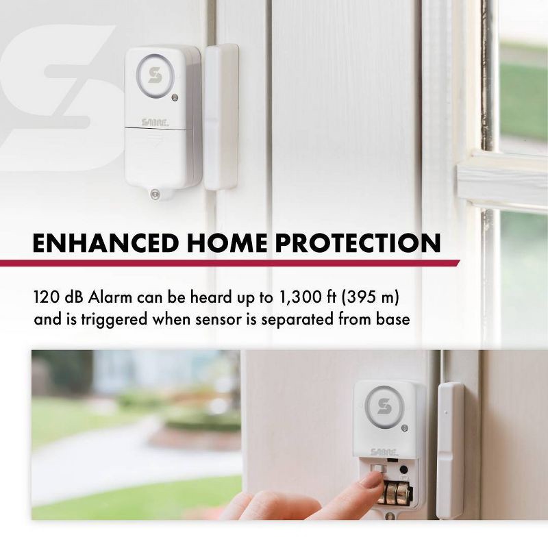 slide 5 of 5, Sabre Door/Window Alarm: Self-Monitoring Sensor, Battery-Powered, Adhesive Mount, 90° Motion Detection, White, 1 ct