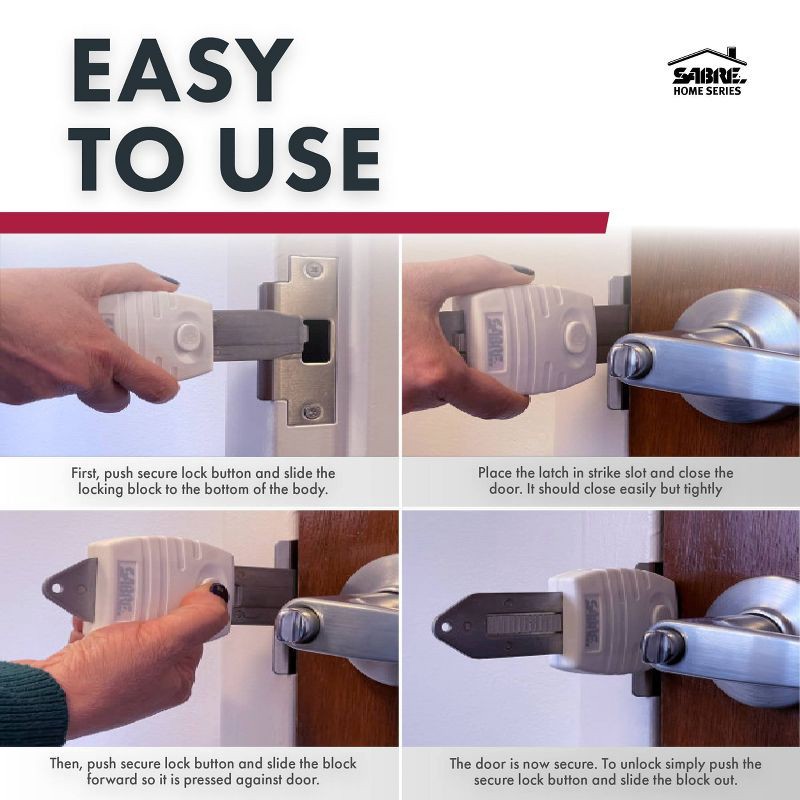 slide 3 of 5, Sabre Portable Door Lock: Keyless Temporary Security for Most Door Types, Ideal for Travel & Home, No Assembly Required, 1 ct