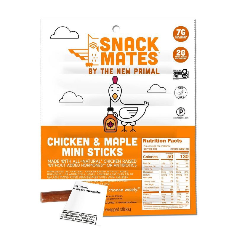 slide 3 of 5, The New Primal Snack Mates Chicken & Maple Mini Meat Sticks - 2.5oz/5ct, 2.5 oz, 5 ct