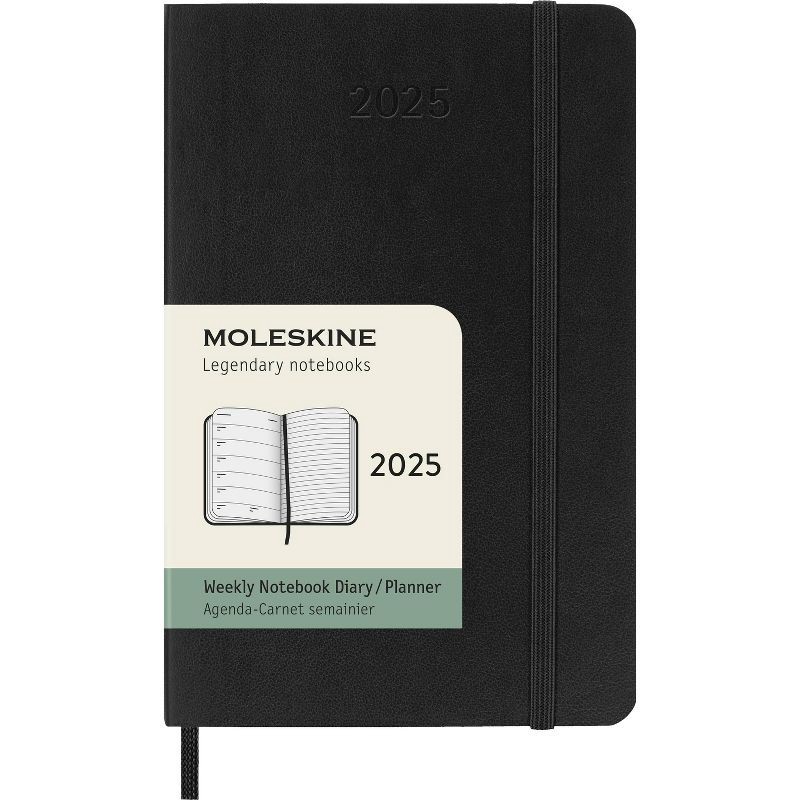 slide 1 of 7, Moleskine 2025 Weekly/Monthly Planner 3.5"x5.5" Pocket Softcover Black: Acid-Free Paper, Elastic Closure, Ribbon Marker, 1 ct