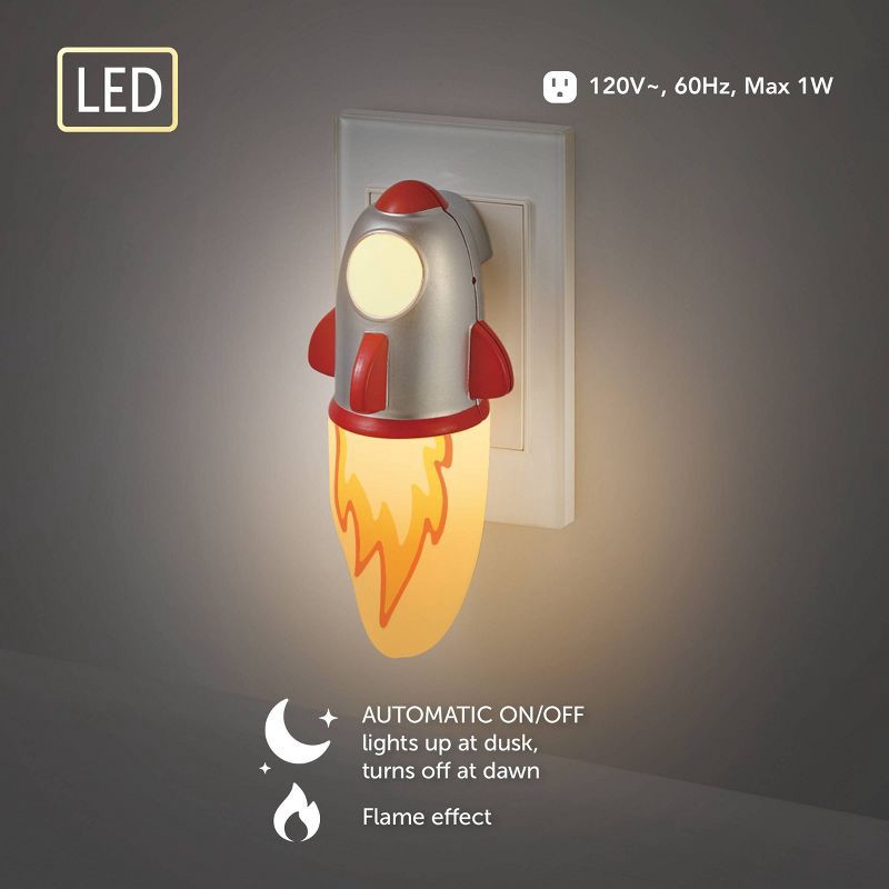 slide 3 of 8, Globe Electric Auto On/Off Rocket Night Light with Flicker Flame Light: Flickering LED Nightlight for Kids & Toddlers, 1 ct