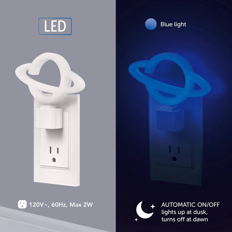 slide 3 of 8, Globe Electric Auto On/Off Neon Blue Planet Night Light: LED Plug-In for Kids' & Toddlers, Novelty Wall Nightlight, 1 ct