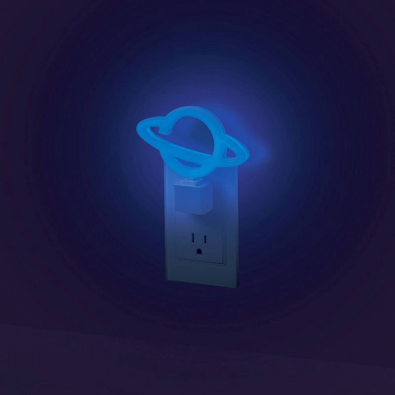 slide 5 of 8, Globe Electric Auto On/Off Neon Blue Planet Night Light: LED Plug-In for Kids' & Toddlers, Novelty Wall Nightlight, 1 ct