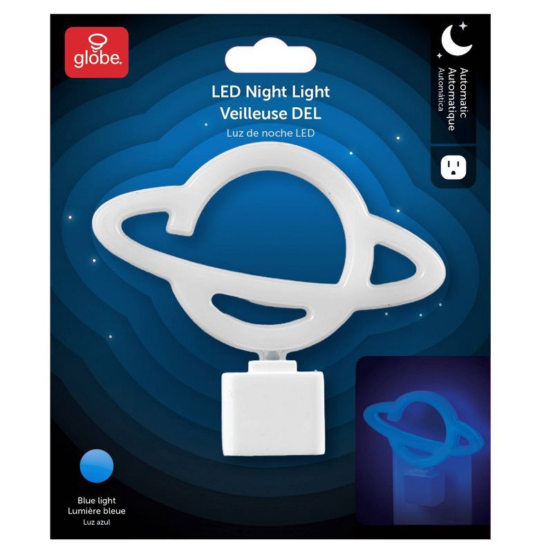 slide 7 of 8, Globe Electric Auto On/Off Neon Blue Planet Night Light: LED Plug-In for Kids' & Toddlers, Novelty Wall Nightlight, 1 ct
