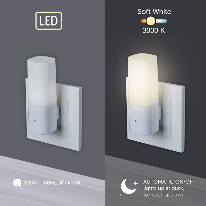 slide 3 of 8, Globe Electric LED Auto On/Off Cylinder Night Light 3000K 5 Lumens: Wall Plug-In, Kids' Novelty, White, No Assembly Required, 1 ct