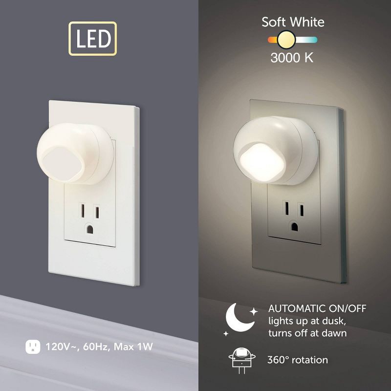 slide 3 of 7, Globe Electric 2 pack LED Auto On/Off Rotating Night Lights: Wall Plug Nightlight for Kids', Plugin, White, No Assembly Required, 2 ct