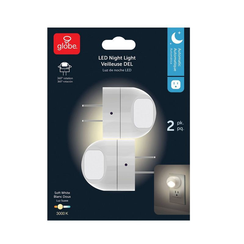 slide 6 of 7, Globe Electric 2 pack LED Auto On/Off Rotating Night Lights: Wall Plug Nightlight for Kids', Plugin, White, No Assembly Required, 2 ct