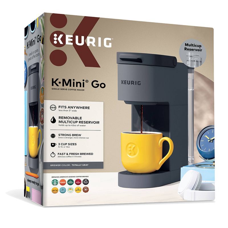 slide 13 of 13, Keurig K-Mini Go Single-Serve K-Cup Pod Coffee Maker Gray: Compact Electric Brewer, 12 oz Capacity, Uses K-Cups & Pods, 12 oz