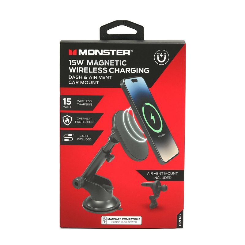 slide 6 of 9, Monster 15Watt Magnetic Wireless Charging Car Mount Dash and Vent Mount: MagSafe Compatible Phone Holder, 15V Output, 1 ct
