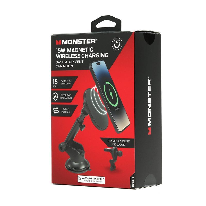 slide 7 of 9, Monster 15Watt Magnetic Wireless Charging Car Mount Dash and Vent Mount: MagSafe Compatible Phone Holder, 15V Output, 1 ct