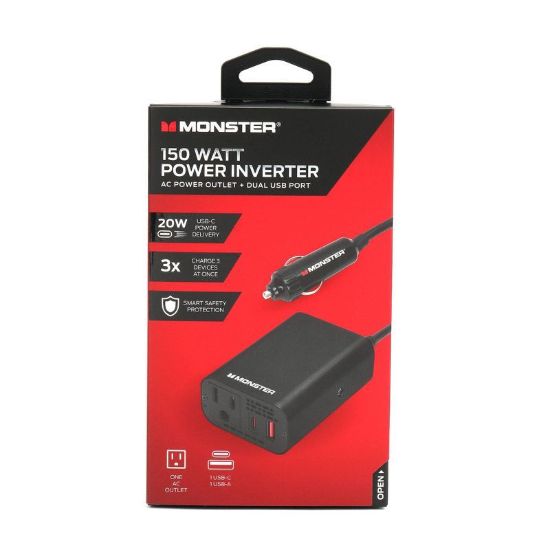 slide 4 of 6, Monster 150Watt Power Inverter with Dual Port USB 20W USB-C, QC 3.0 USB-A: Car-Powered DC Inverter, 6ft Cord, Red/Black, 6 ft