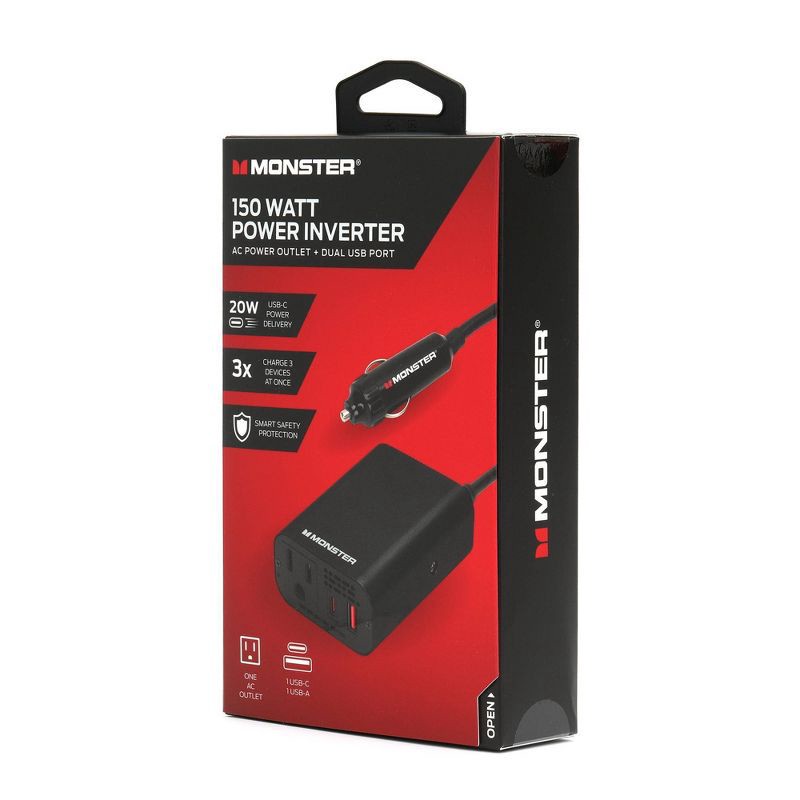 slide 5 of 6, Monster 150Watt Power Inverter with Dual Port USB 20W USB-C, QC 3.0 USB-A: Car-Powered DC Inverter, 6ft Cord, Red/Black, 6 ft