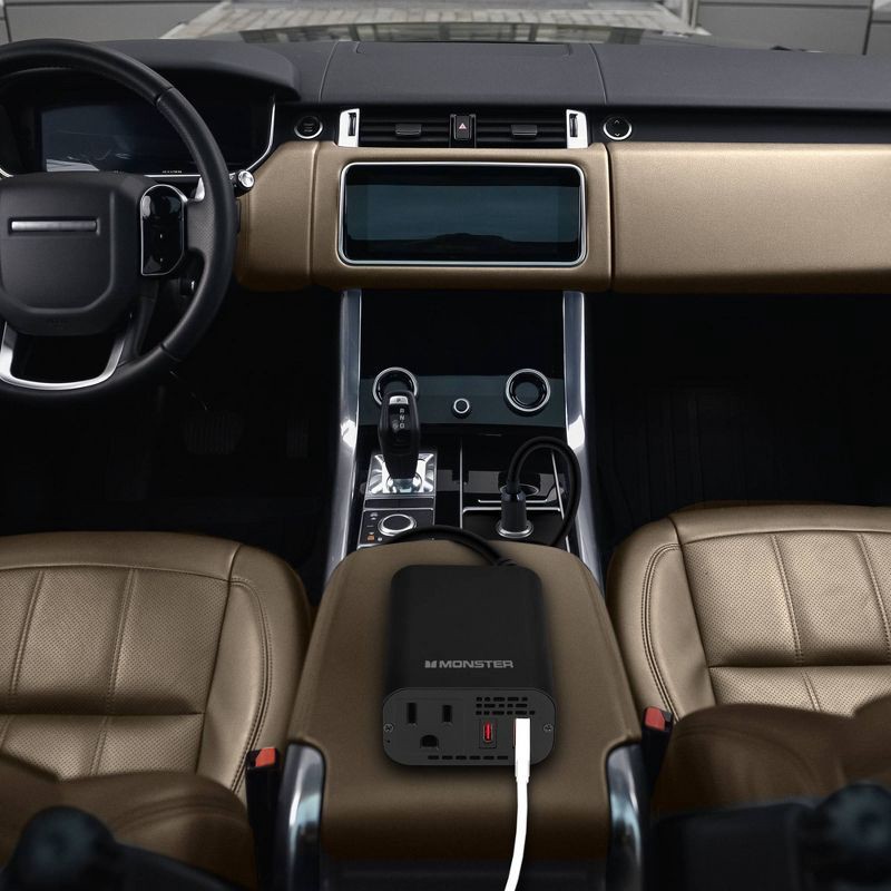 slide 6 of 6, Monster 150Watt Power Inverter with Dual Port USB 20W USB-C, QC 3.0 USB-A: Car-Powered DC Inverter, 6ft Cord, Red/Black, 6 ft