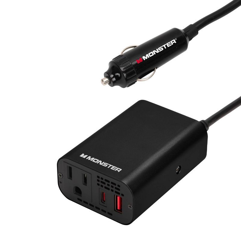 slide 1 of 6, Monster 150Watt Power Inverter with Dual Port USB 20W USB-C, QC 3.0 USB-A: Car-Powered DC Inverter, 6ft Cord, Red/Black, 6 ft