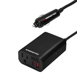 Monster 150Watt Power Inverter with Dual Port USB 20W USB-C, QC 3.0 USB-A: Car-Powered DC Inverter, 6ft Cord, Red/Black