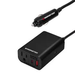 Monster 150Watt Power Inverter with Dual Port USB 20W USB-C, QC 3.0 USB-A: Car-Powered DC Inverter, 6ft Cord, Red/Black