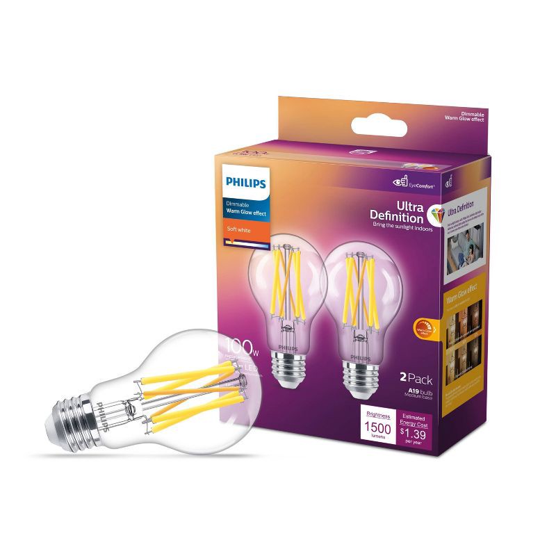 slide 1 of 7, Philips UltraDef LED 100W Clear Soft White A19 2P: Dimmable, 1500 Lumens, 2700K, 13.7-Year Life, E26 Base, 2-Pack, 1 ct