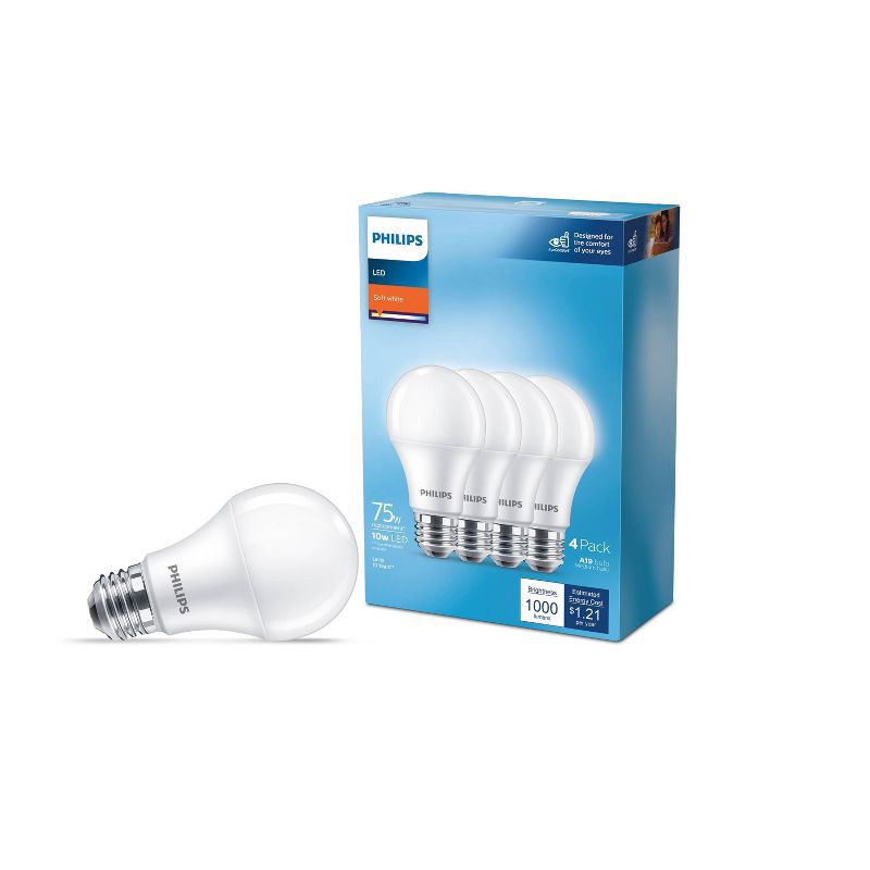 slide 1 of 6, Philips LED 75W Frosted Soft White Non-Dim A19 4P (Non-T20): 1100 Lumens, E26 Base, 2700K, 10W, 4-Pack, 1 ct