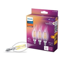 Philips UltraDef LED 40W Clear Soft White BA11 3P Candelabra Base: 2700K, Dimmable, 300 Lumens, 13.7-Year Life, E12 Base
