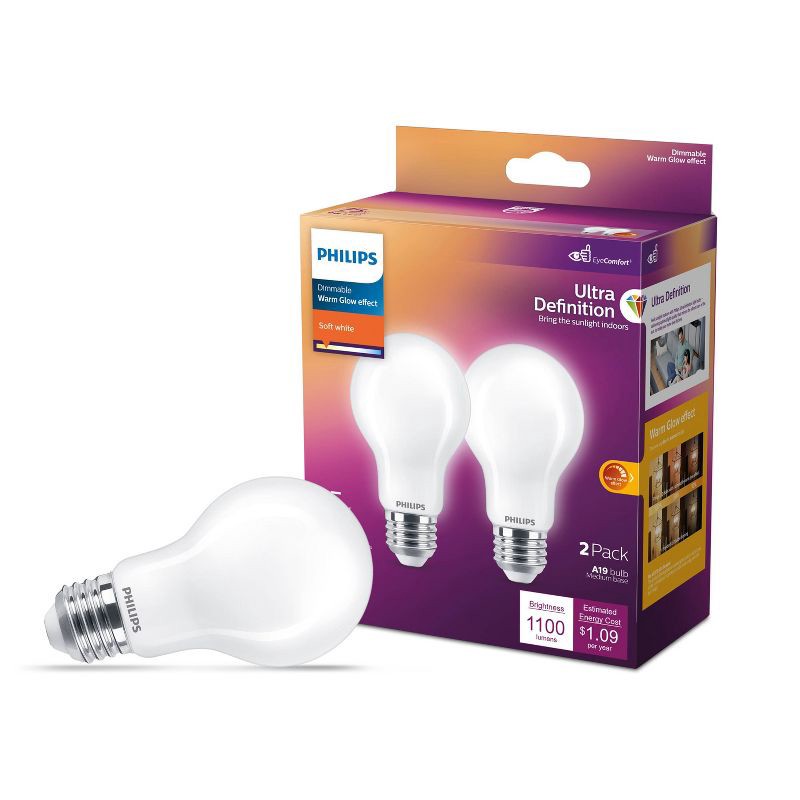 slide 1 of 7, Philips UltraDef LED 75W Frosted Soft White A19 2P: 9W Dimmable Light Bulbs, 1100 Lumens, E26 Base, 2700K, 2 Pack, 2 ct