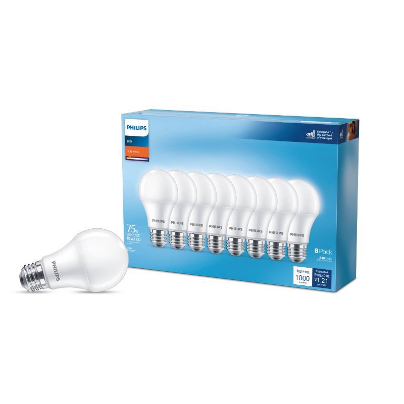 slide 1 of 6, Philips LED 75W Frosted Daylight A19 8-Pack (Non-T20): 1100 Lumens, E26 Base, 2700K, 10-Year Life, Damp Location Suitable, 1 ct