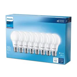 Philips LED 60W Frosted Daylight Non-Dim A19 8P (non-T20): 800 Lumens, 5000K, E26 Base, 10-Year Life, 8-Pack